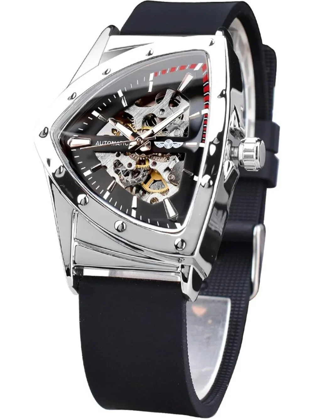 Men's Skeleton Automatic Watch, Luminous Triangle Dial, Stainless Steel or